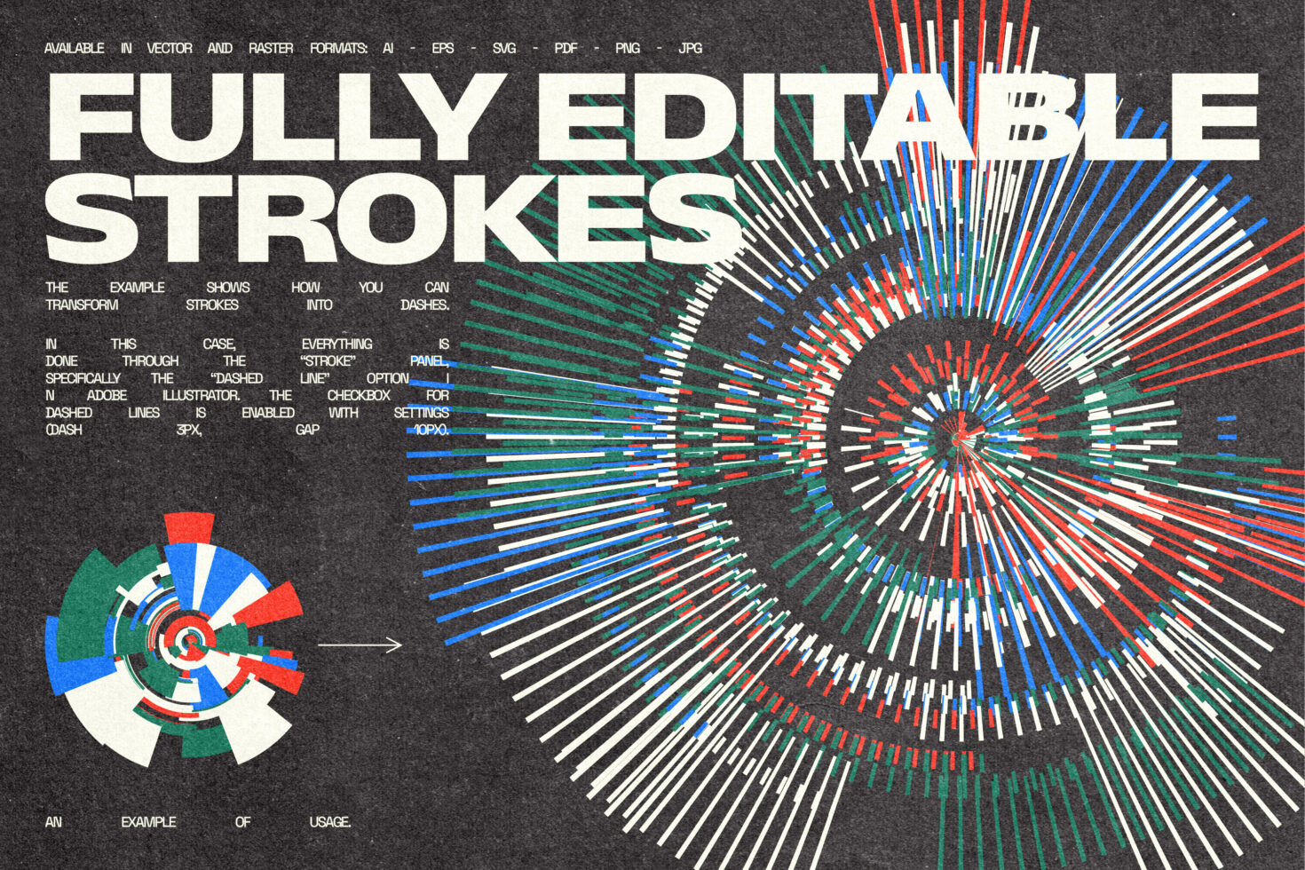 Colorful radial line strokes bursting outward in red, blue, green showing editable stroke width variations