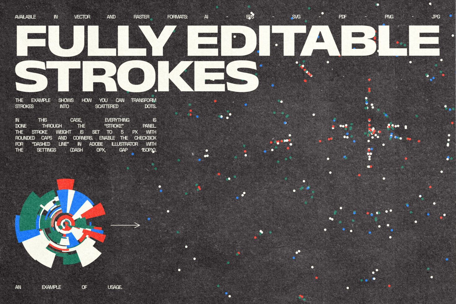 Editable stroke graphic with scattered dot pattern, color wheel, radiating dots on dark background