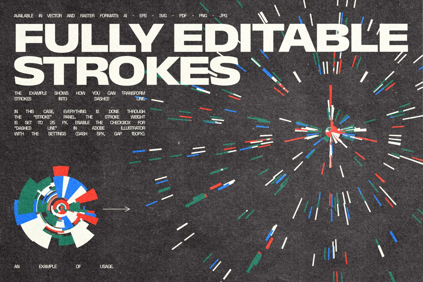 Editable stroke graphic showing dashed lines, color wheel, radiating lines on dark background