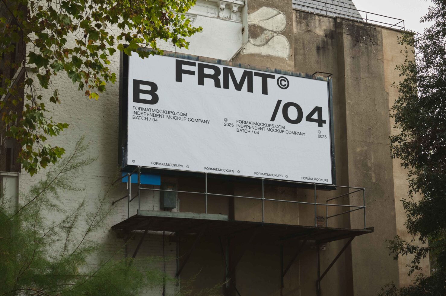 Horizontal billboard mounted on building facade with white background, FRMT logo, batch 04 number