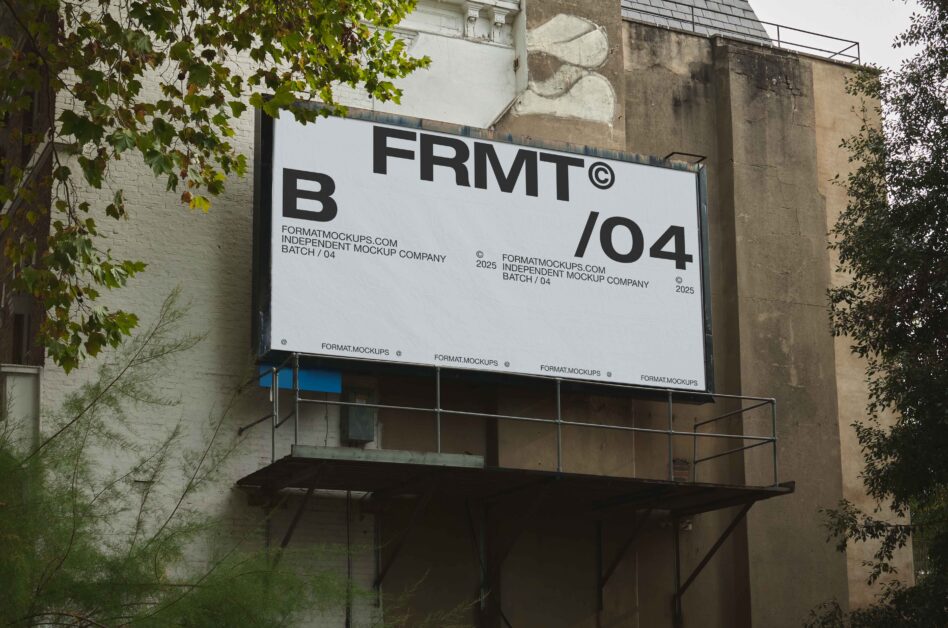 Horizontal billboard mounted on building facade with white background, FRMT logo, batch 04 number