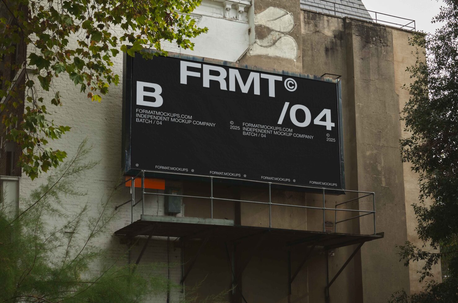 Horizontal billboard mounted on building facade with black background, FRMT logo, batch 04 number