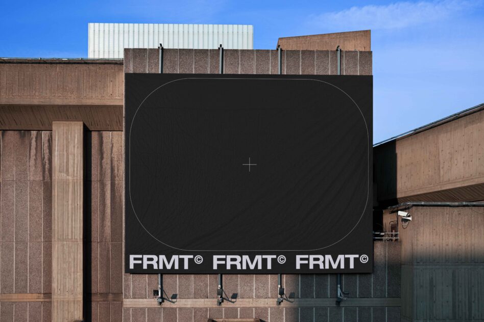 Large outdoor billboard with black background, rounded rectangle mockup space, FRMT branding below