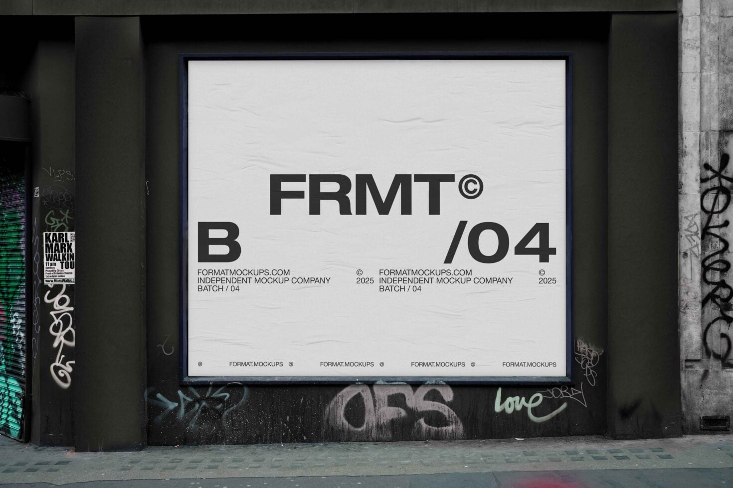 Large framed billboard showing FRMT branding on light background mounted on dark blue urban wall