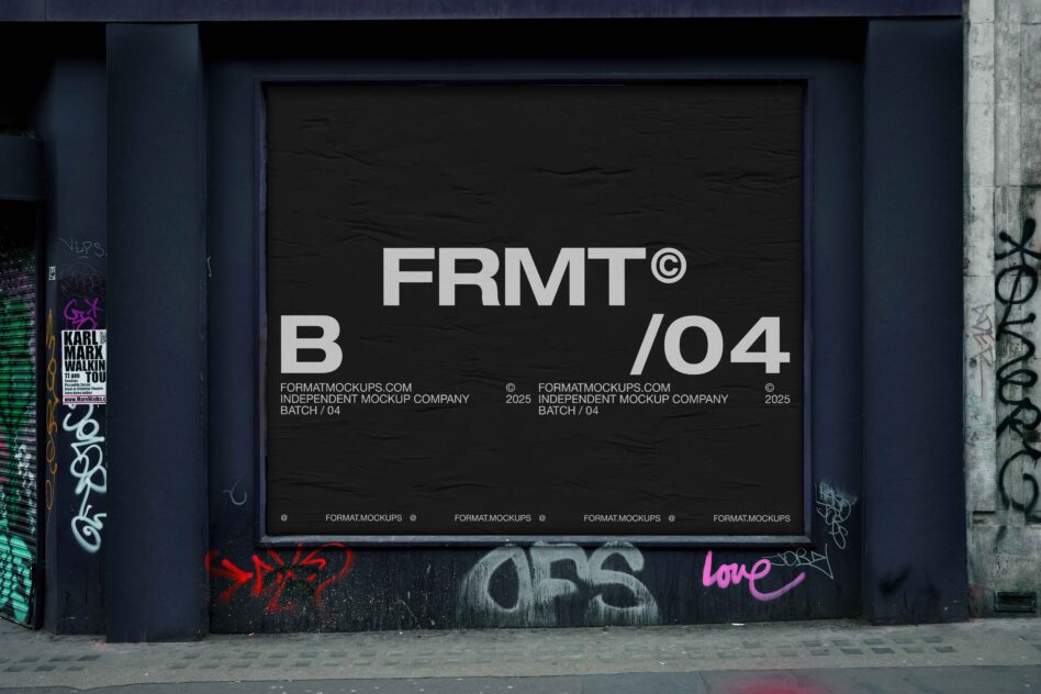 Large framed billboard showing FRMT branding on dark background mounted on dark blue urban wall
