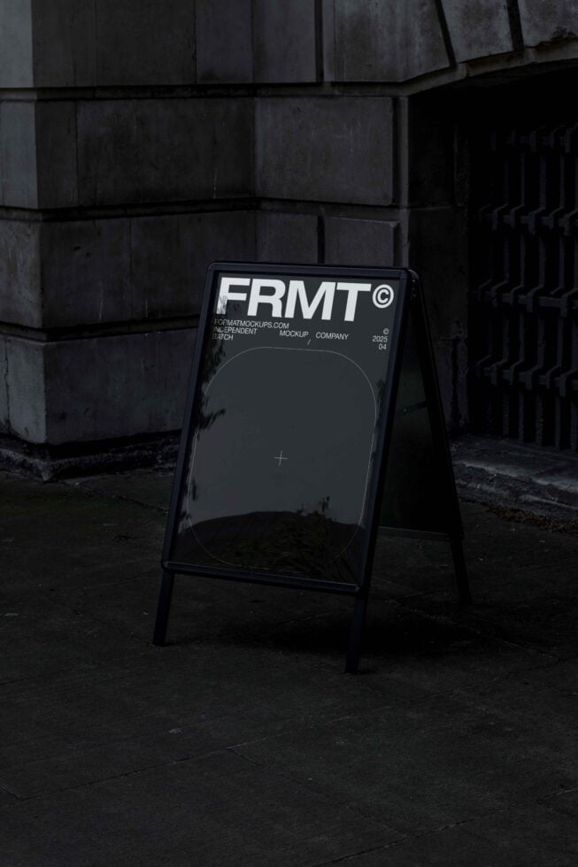 Sidewalk sandwich board sign with dark mockup space, FRMT branding at top, concrete setting