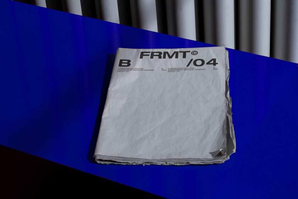 Stack of white papers with FRMT branding label on electric blue background with striped backdrop