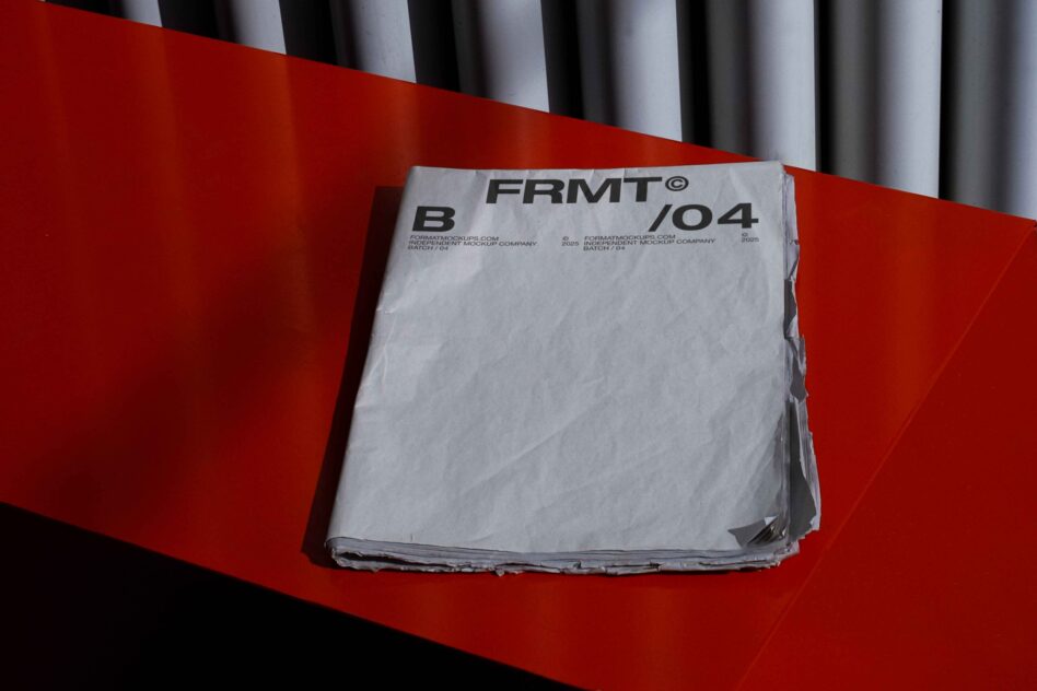 Stack of white papers with FRMT branding label on bright red background with striped backdrop