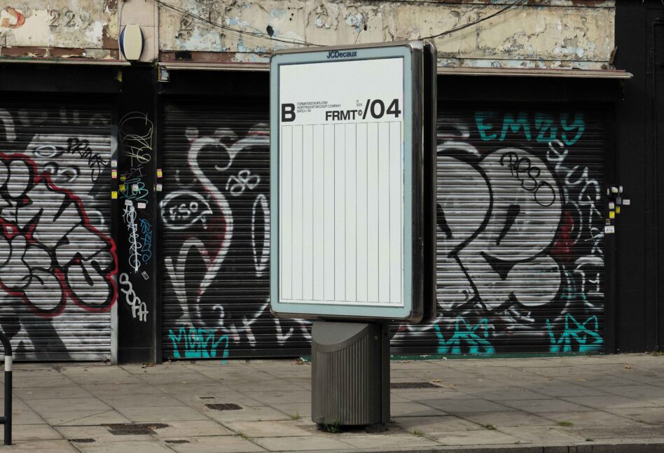 Street poster mockup on mint green signage with graffitied shutter background
