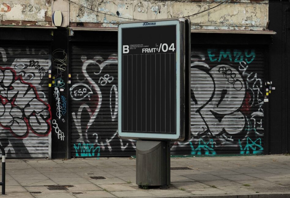 Street-side digital billboard with dark display showing FRMT branding in front of graffitied shutters