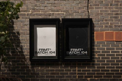 Two framed mockup posters on a brick wall with minimalist design elements ideal for graphic designers seeking inspiration for layout and typography displays.