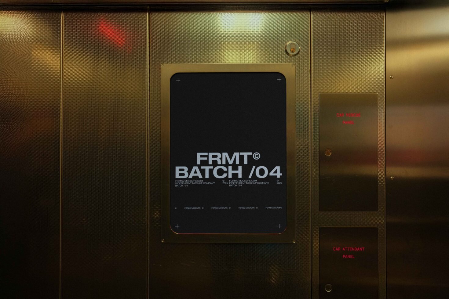 Elevator interior with a modern metal texture backdrop displaying a bold typographic poster mockup reading FRMT Batch 04 perfect for designers.