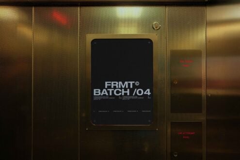 Elevator interior with a modern metal texture backdrop displaying a bold typographic poster mockup reading FRMT Batch 04 perfect for designers.