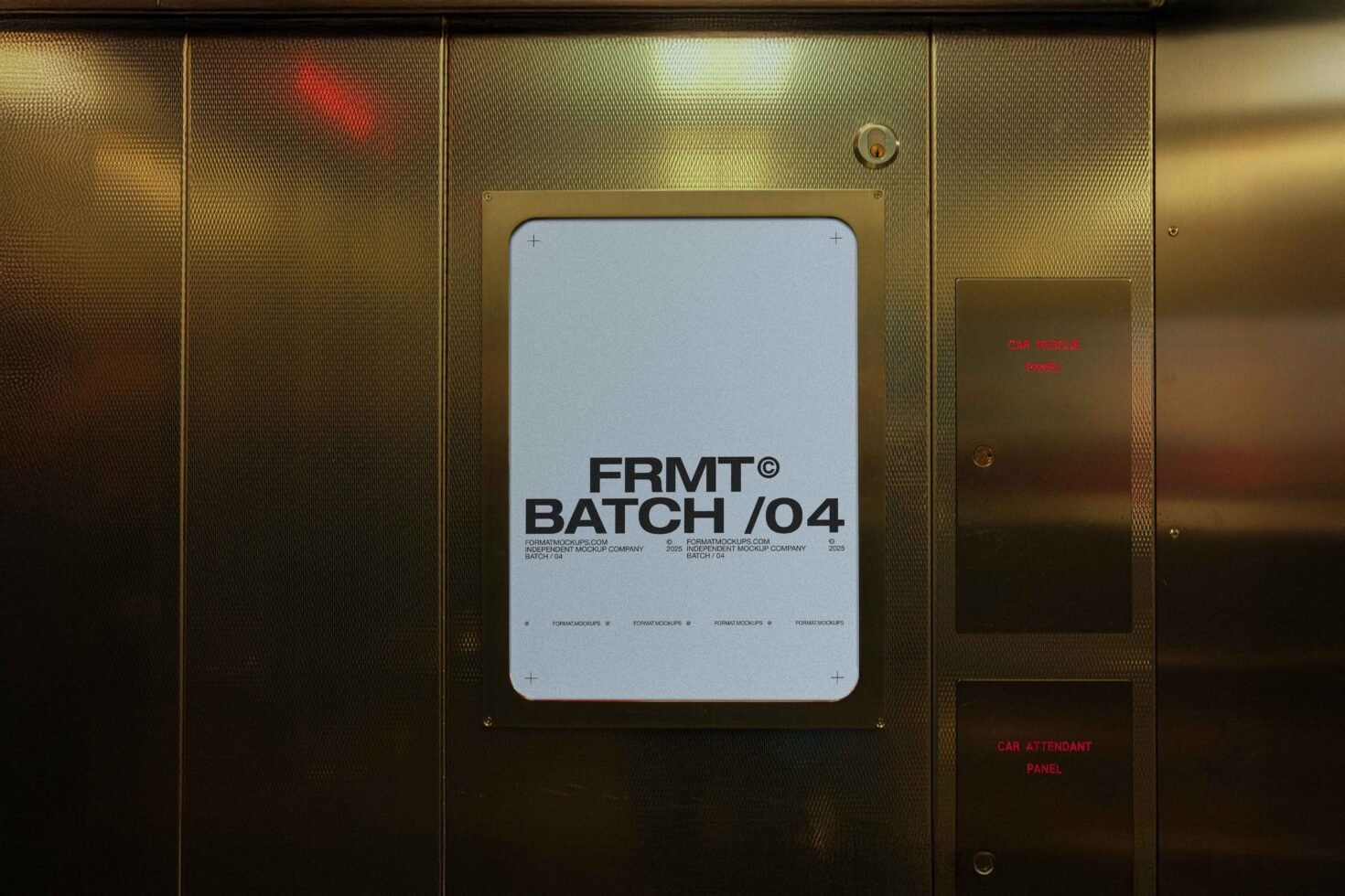 Elevator panel featuring a minimalist poster mockup with metallic textures. Ideal for showcasing modern templates. Perfect asset for graphic designers.