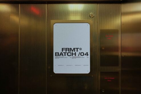 Elevator panel featuring a minimalist poster mockup with metallic textures. Ideal for showcasing modern templates. Perfect asset for graphic designers.