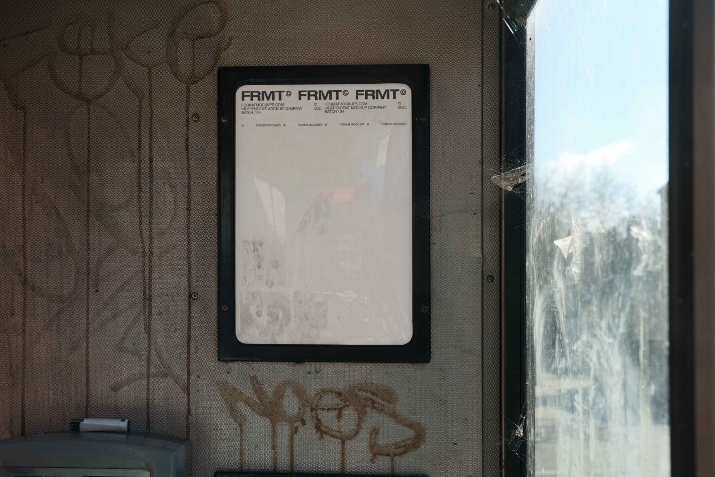 Transit window poster mockup with three FRMT logos mountain view