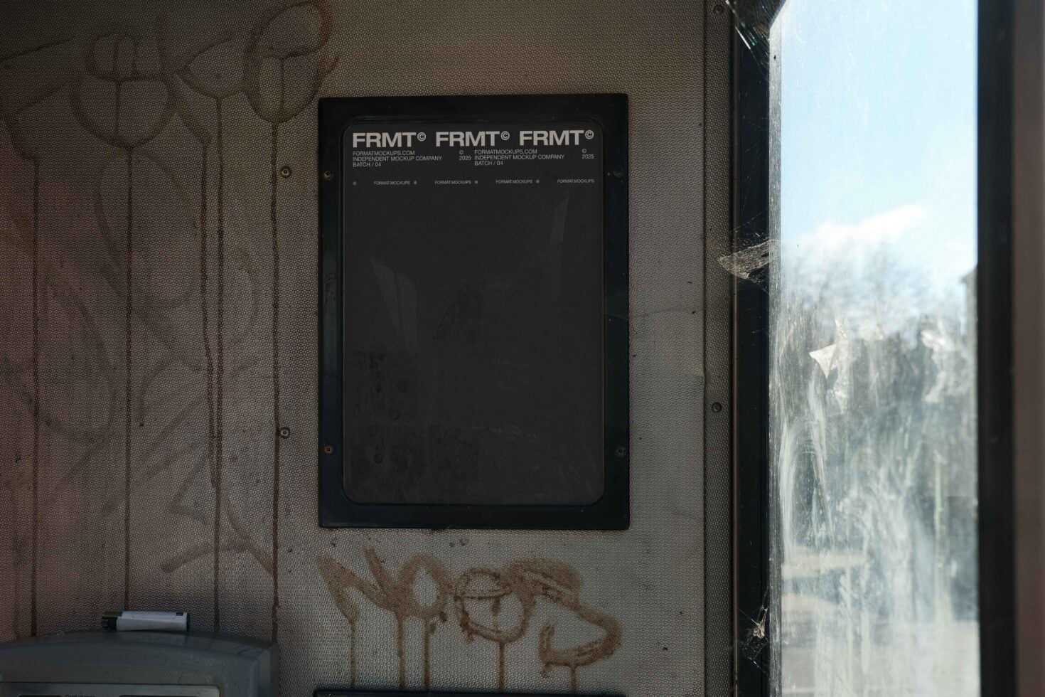 Dark transit window poster mockup with three FRMT logos forest view