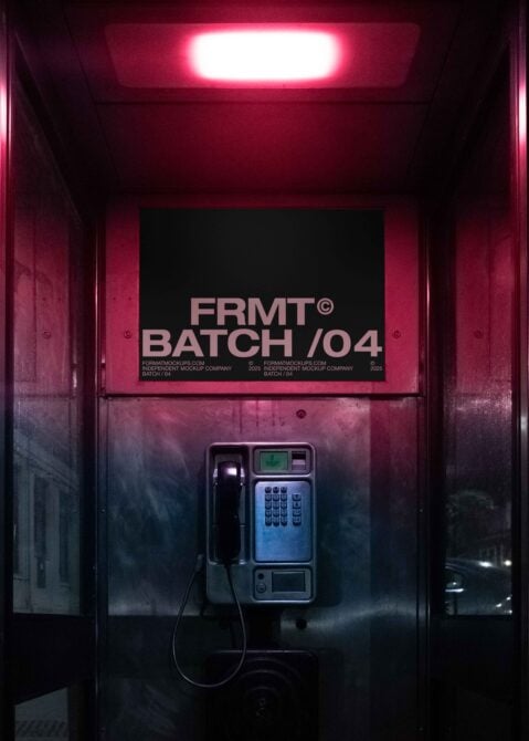 Moody red phone booth with bright neon sign above FRMT Batch 04 poster beside retro telephone