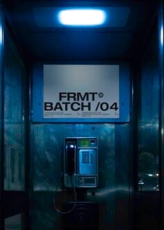Dark moody photo of a vintage phone booth featuring FRMT Batch 04 poster. Ideal for mockups with retro urban theme. Perfect for designers.