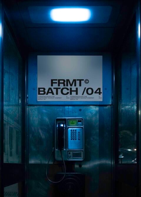 Blue-tinted phone booth with glowing overhead light displaying FRMT Batch 04 poster above handset