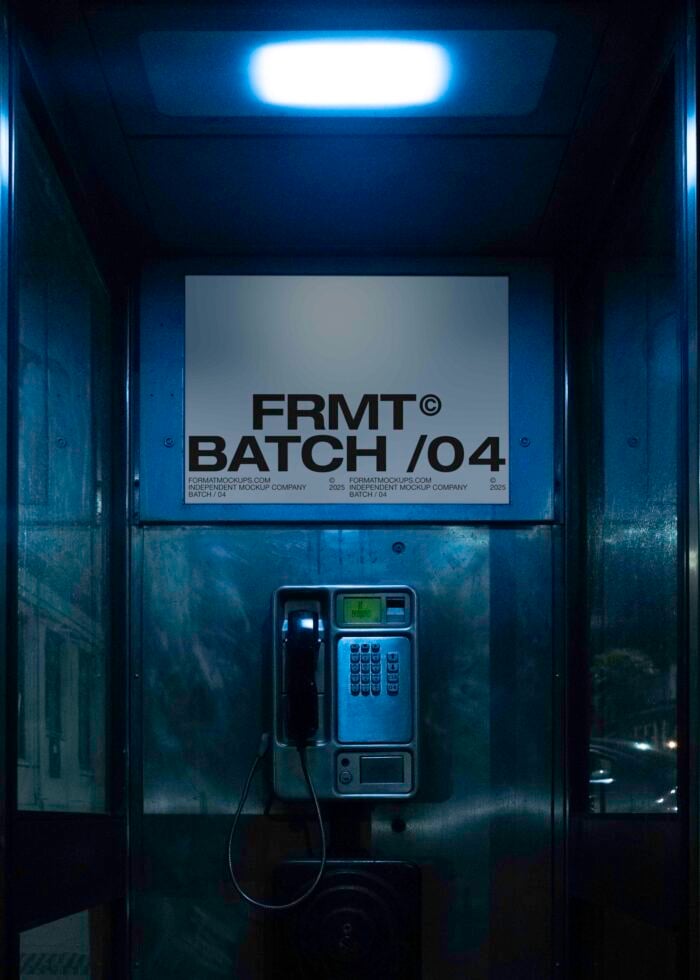 Dark moody photo of a vintage phone booth featuring FRMT Batch 04 poster. Ideal for mockups with retro urban theme. Perfect for designers.