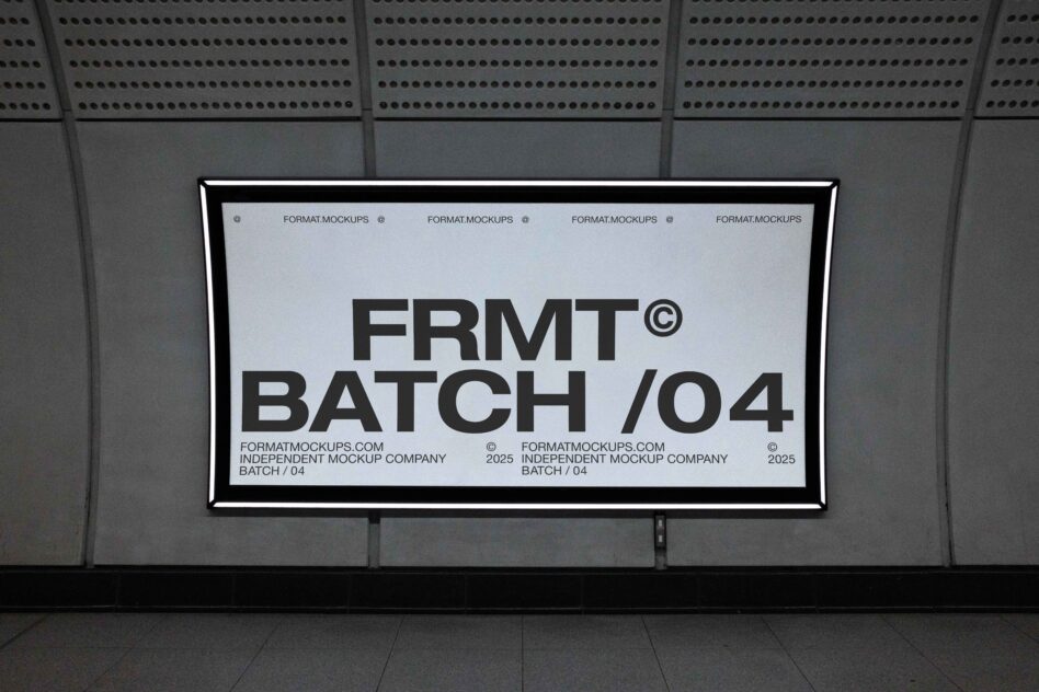 Illuminated horizontal billboard in transit station showing FRMT Batch 04 white text on light background
