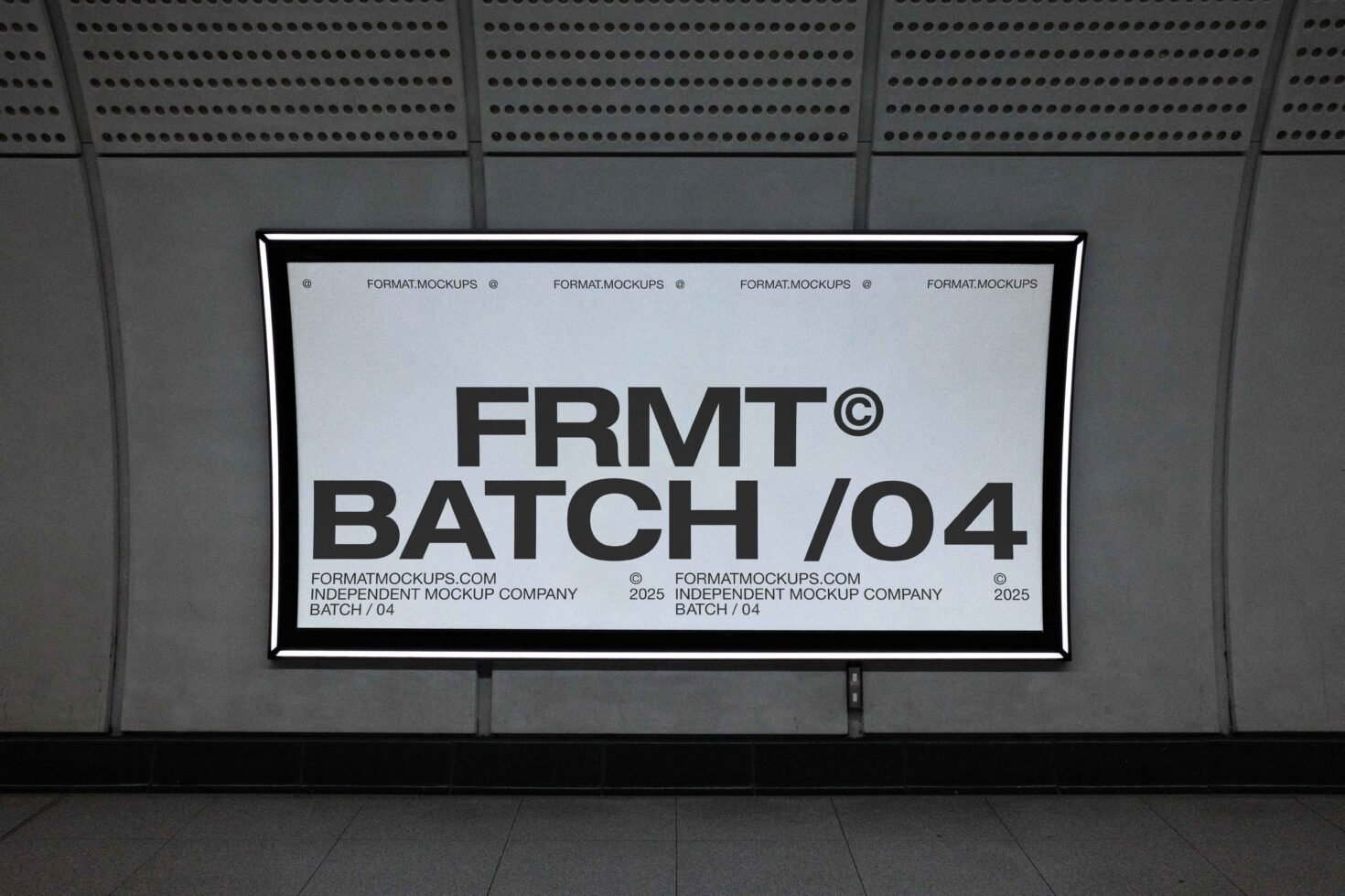 Subway station poster mockup template with bold black text FRMT Batch 04 on a gray background for designers. High-resolution graphic asset.