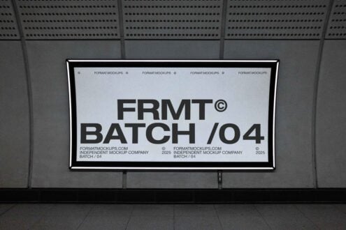 Subway station poster mockup template with bold black text FRMT Batch 04 on a gray background for designers. High-resolution graphic asset.