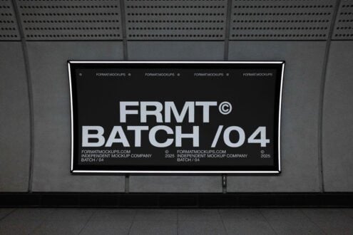 Subway advertising mockup featuring a bold black and white design with the text FRMT Batch 04 ideal for designers looking for realistic displays