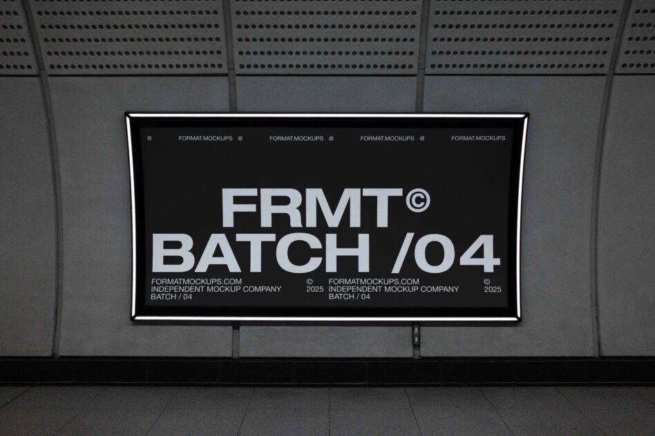 Backlit transit station sign displaying FRMT Batch 04 in white text on dark screen