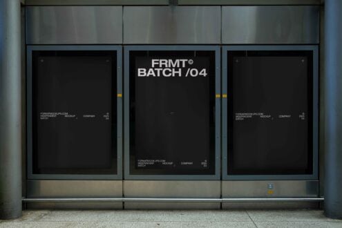 Urban window poster mockup display featuring three blank black posters in a modern metallic frame suitable for advertising and graphic design presentations.