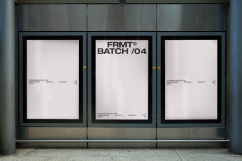 Urban signage mockup template featuring three minimalist posters on a modern wall. Perfect for showcasing graphic design and advertising projects.