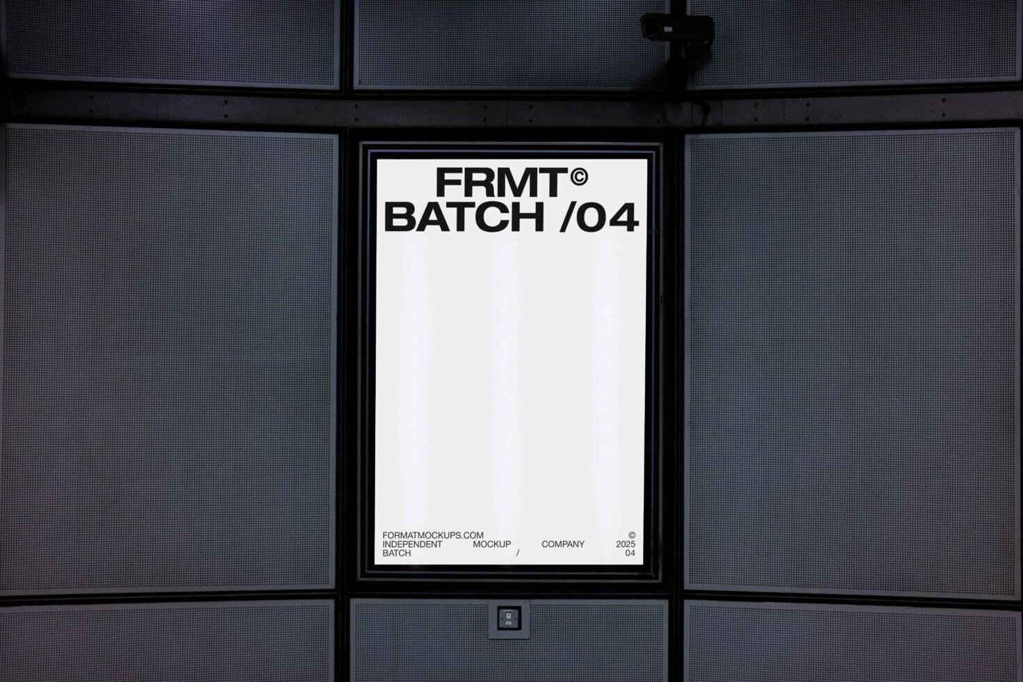 Minimalist indoor poster mockup displaying FRMT BATCH 04 in bold letters on a light background suitable for designers digital assets marketplace.