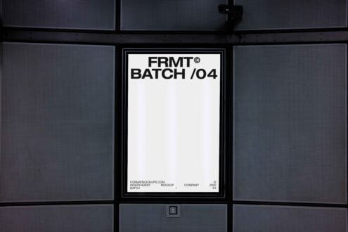 Minimalist indoor poster mockup displaying FRMT BATCH 04 in bold letters on a light background suitable for designers digital assets marketplace.