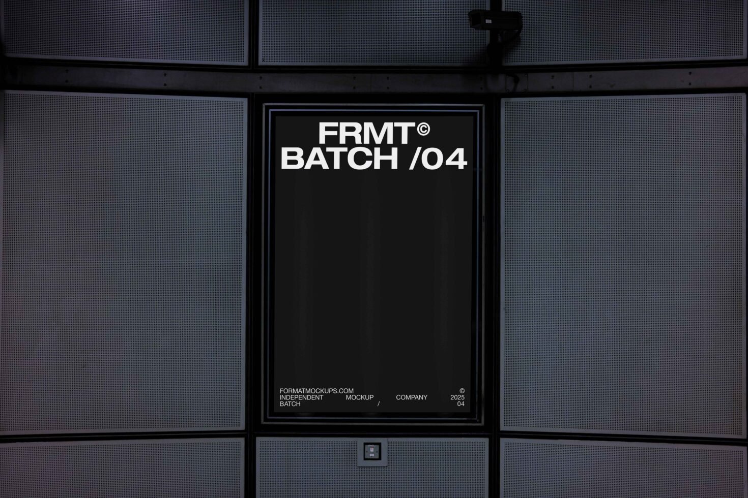 Poster mockup on a sleek wall, featuring bold white text FRMT BATCH 04. Ideal for showcasing modern designs. Mockups, templates, digital assets.