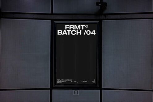 Poster mockup on a sleek wall, featuring bold white text FRMT BATCH 04. Ideal for showcasing modern designs. Mockups, templates, digital assets.