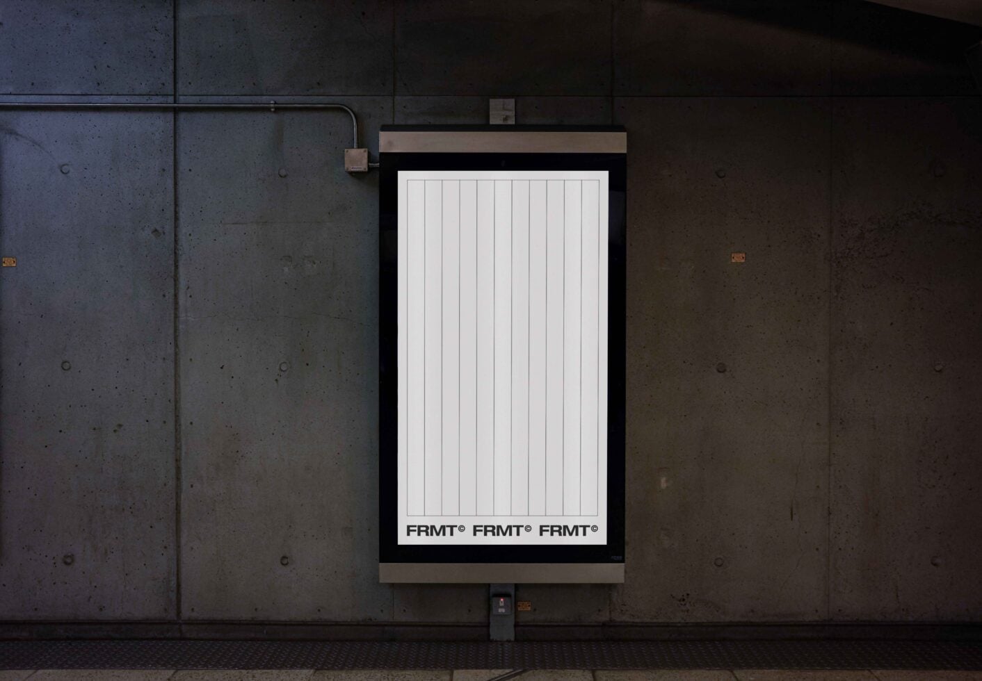White poster with vertical lines on concrete wall with metal frame