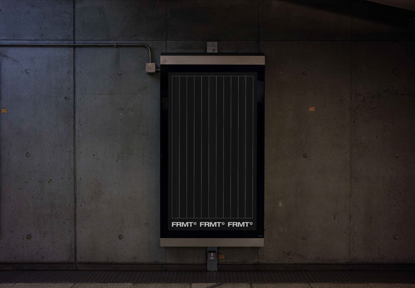 Dark poster with vertical lines on concrete wall with metal frame