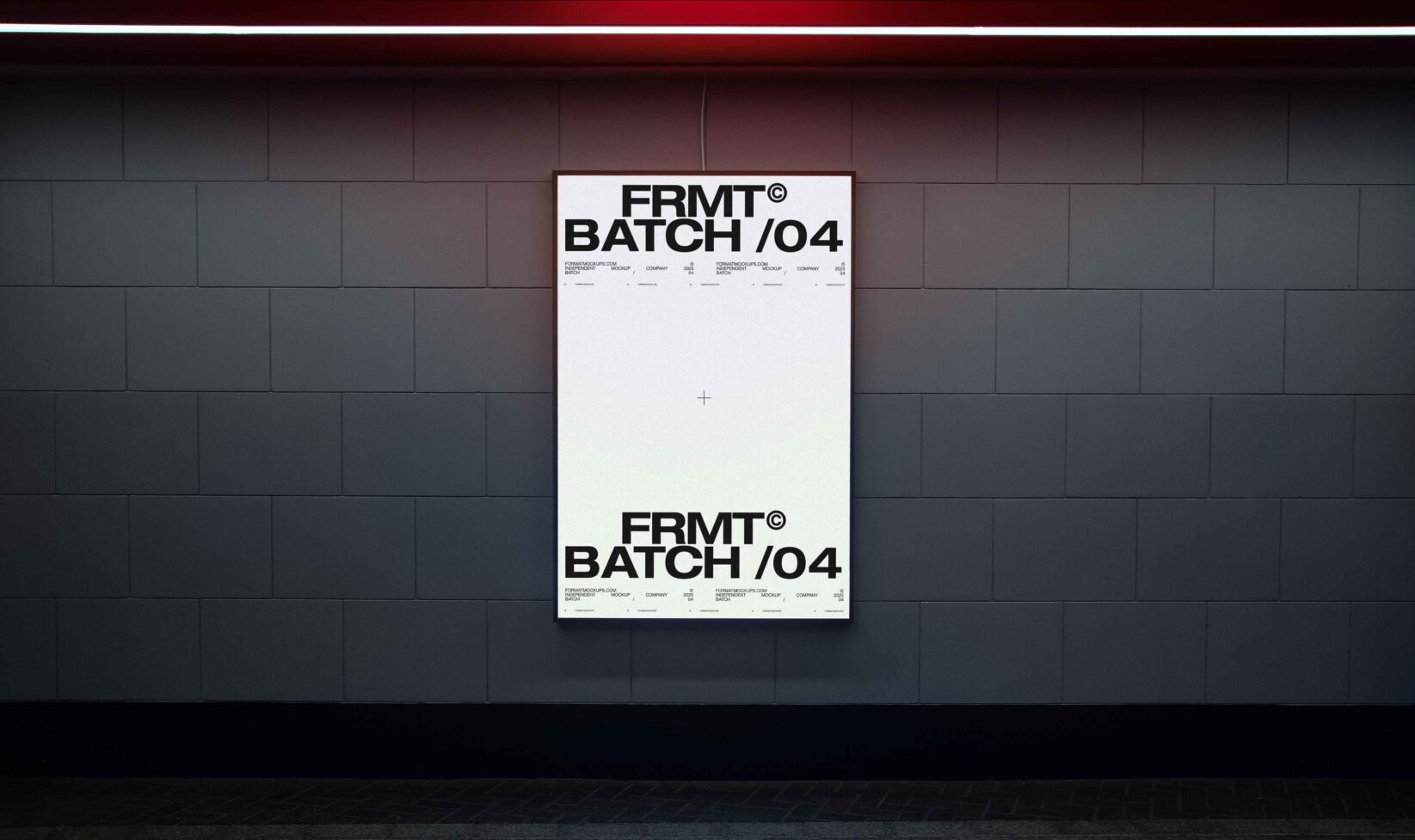 Light poster mockup on dark tile wall, modern minimal underground space