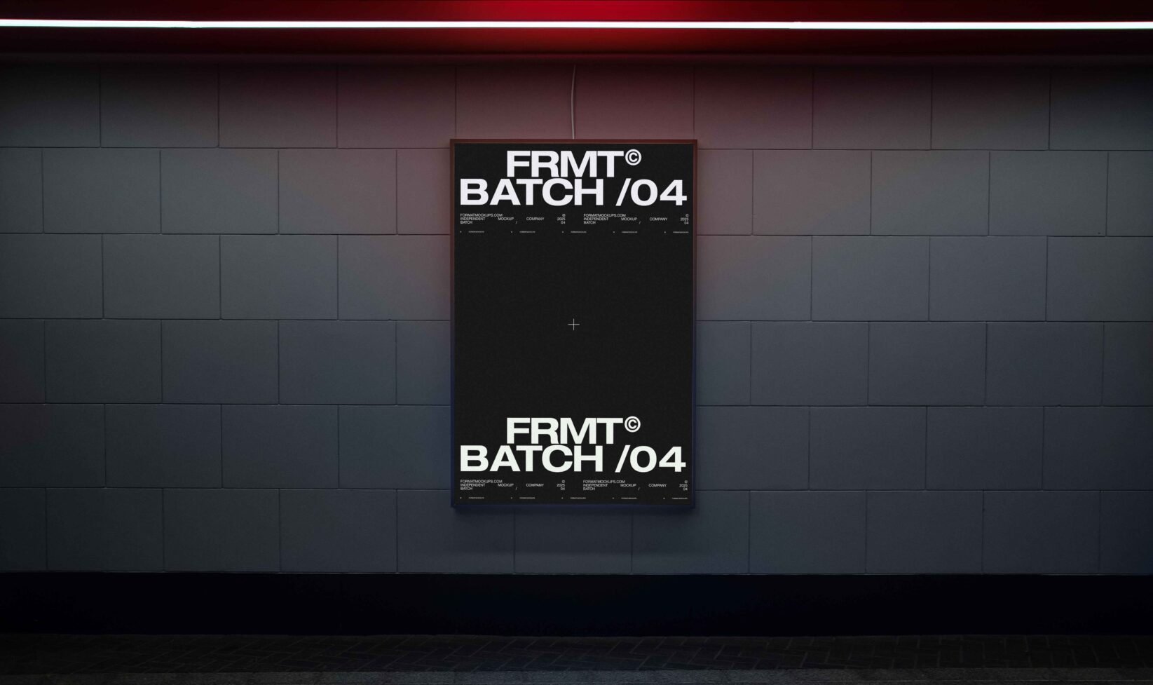 Dark poster mockup on dark tile wall, modern minimal underground space