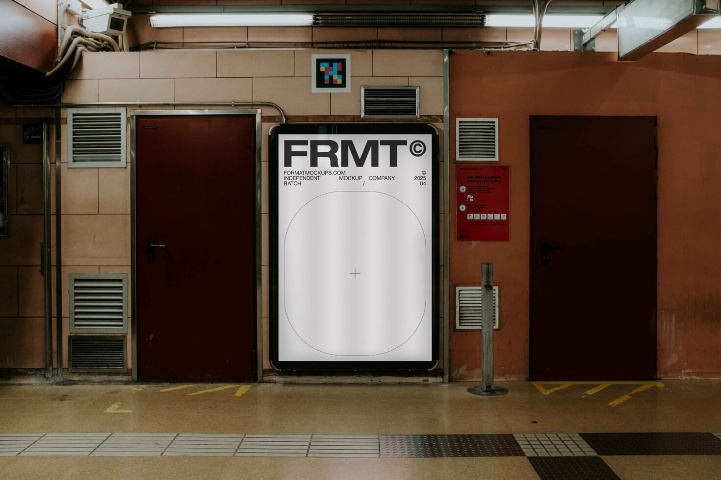 Urban subway poster mockup in dimly lit hallway. Ideal for showcasing designs in a realistic setting. Keywords: mockup, poster, urban, subway, design.