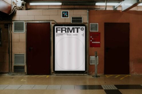 Urban subway poster mockup in dimly lit hallway. Ideal for showcasing designs in a realistic setting. Keywords: mockup, poster, urban, subway, design.