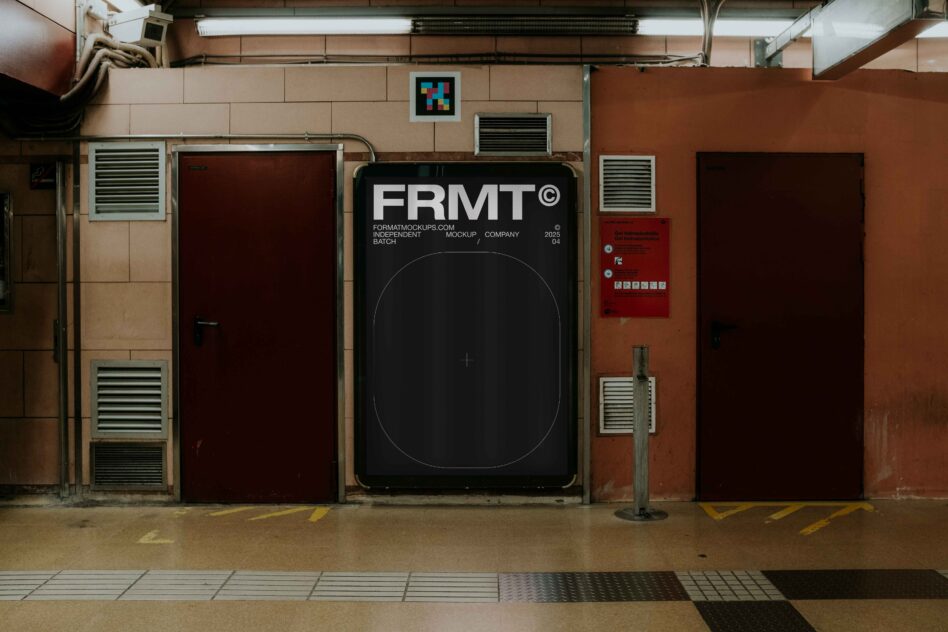 Dark poster mockup on garage wall with red doors, urban concrete setting
