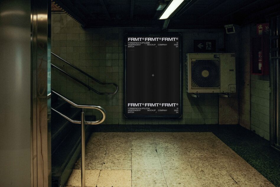 Dark poster mockup on subway wall with staircase, industrial tile backdrop