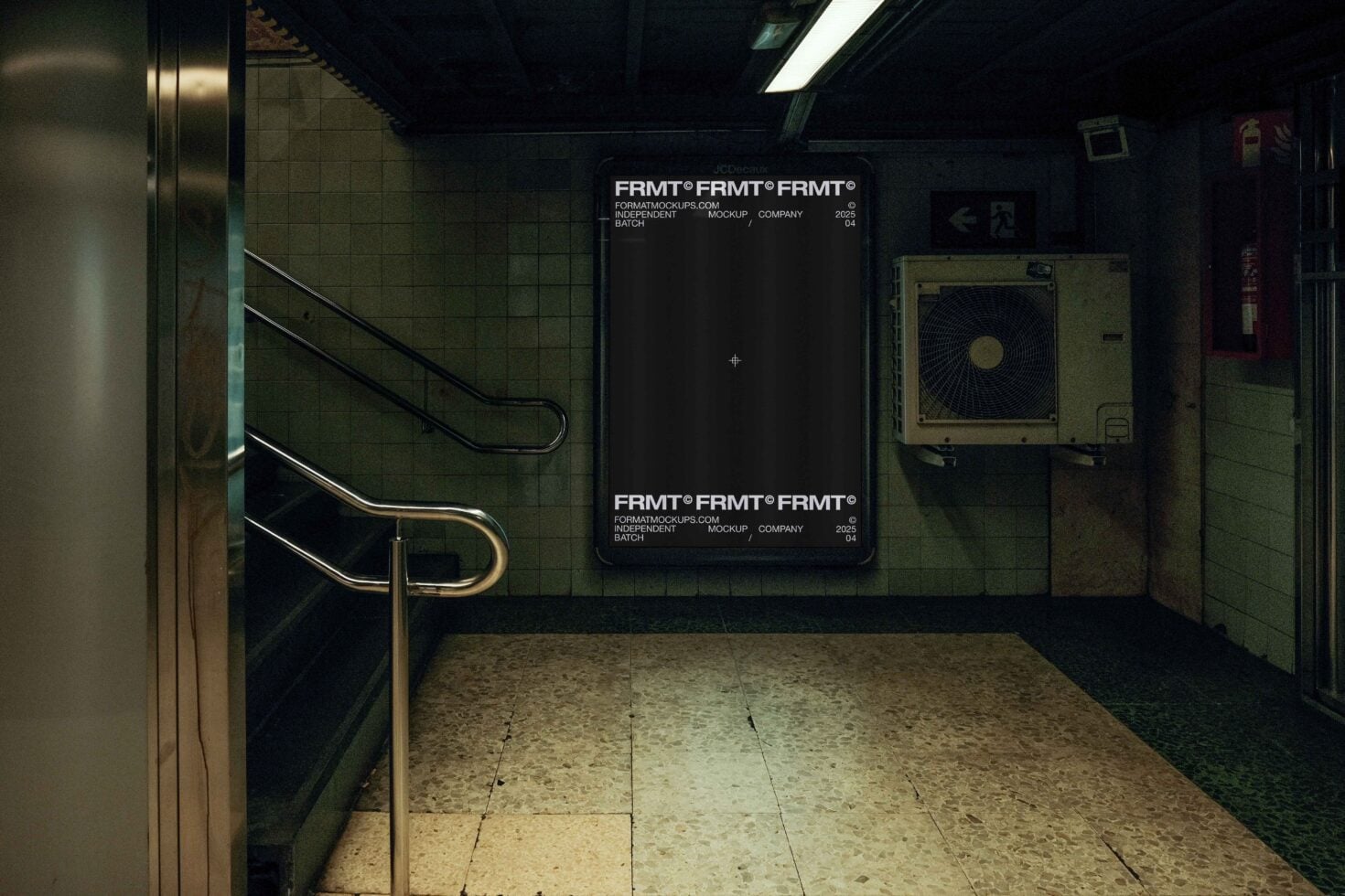 Dark poster mockup on subway wall with staircase, industrial tile backdrop