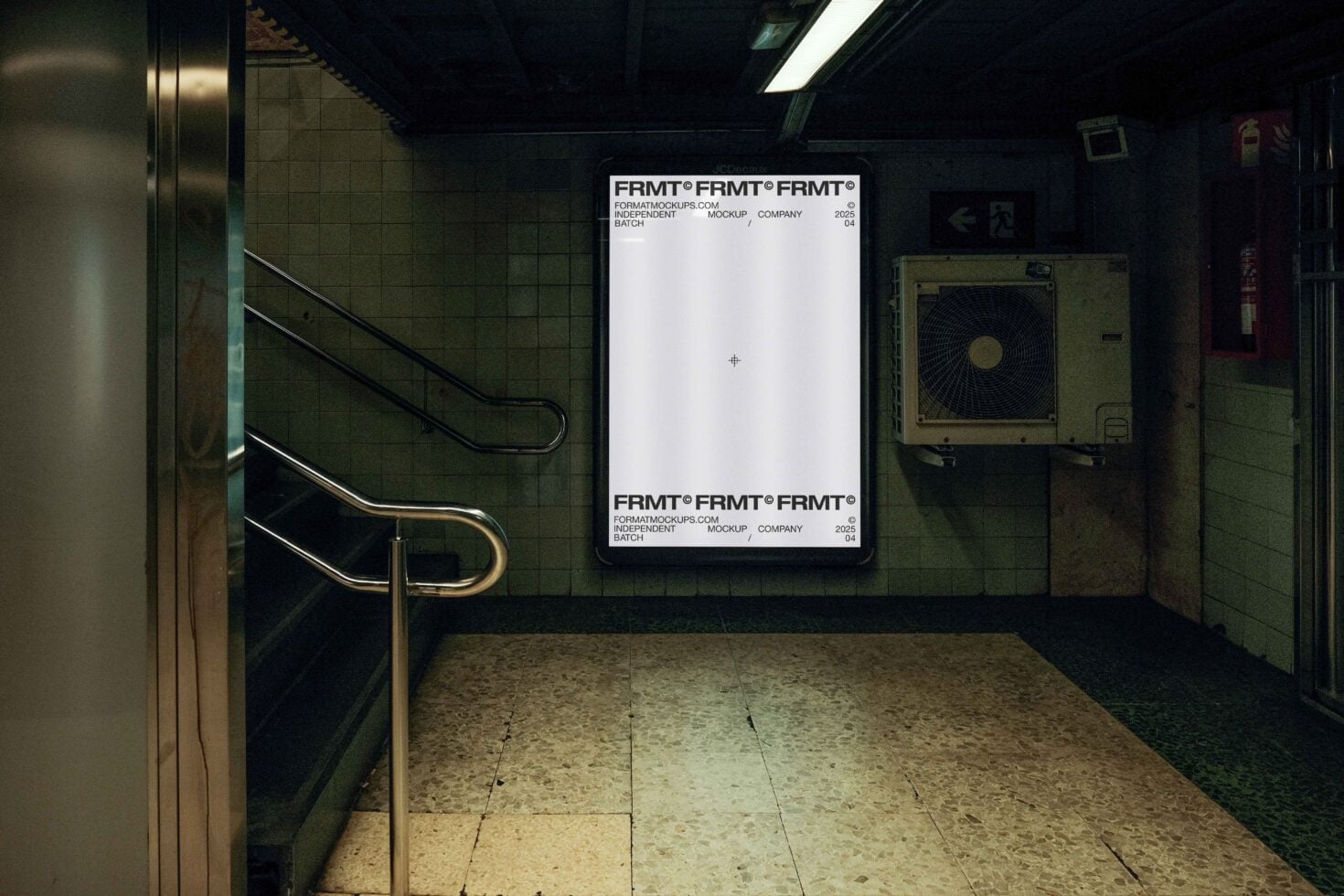 Light poster mockup on subway wall with staircase, industrial tile backdrop