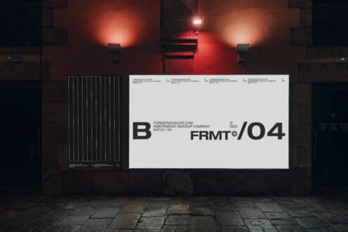 Urban billboard mockup featuring modern typography and geometric design displayed on building wall. Ideal for branding and advertising designers.