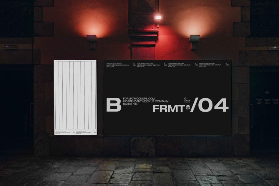 Dark billboard mockup on brick wall lit by red neon glow
