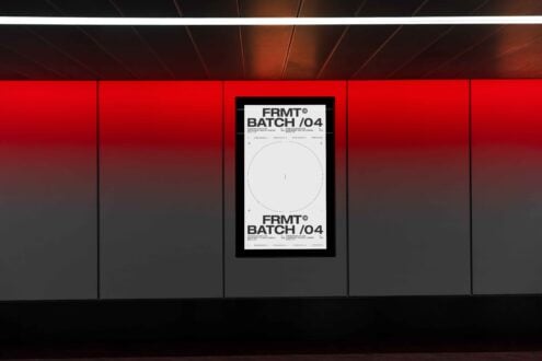 Subway wall advertisement mockup with minimalist design. Red gradient background highlighting the modern font and layout. Ideal for designers templates.