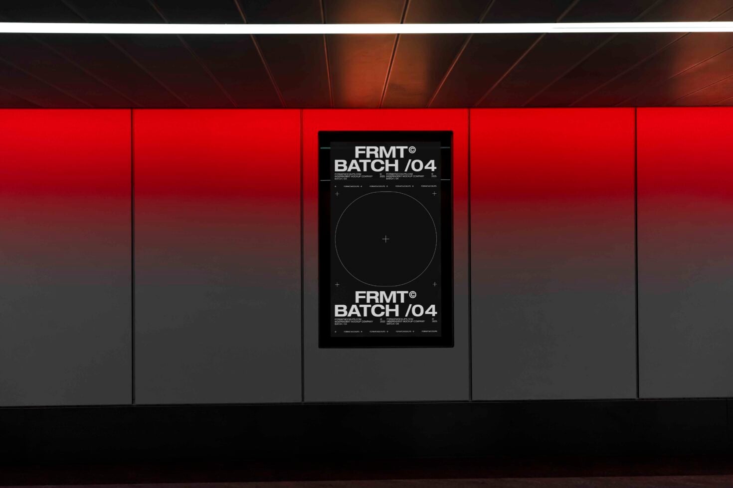 Dark poster mockup mounted on red wall in modern transit station
